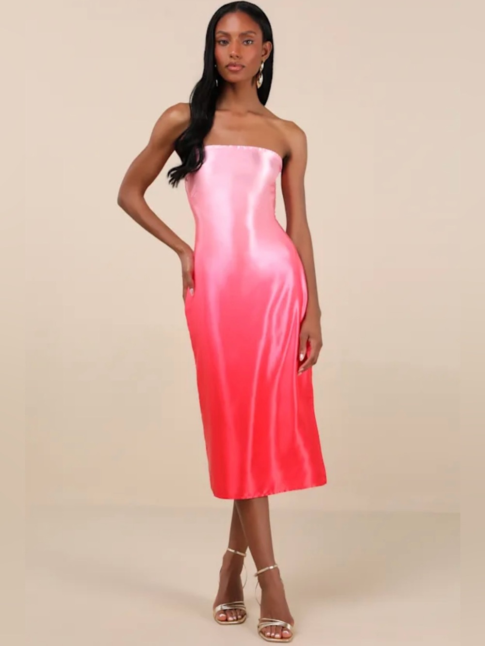 Lulu's Red and Pink Ombré Satin Strapless Dress